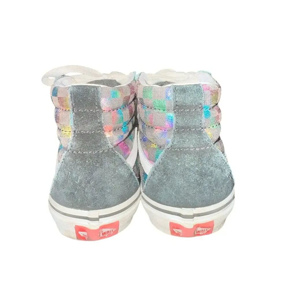 Vans SK8 Hi Sneakers Kids Size 3 Iridescent Rainbow Check Shoes Lace Up High Top